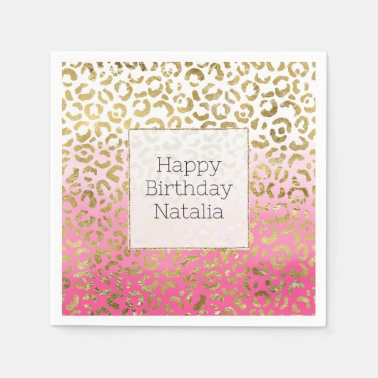 Serviette En Papier Aquarelle rose blanche Empreinte de léopard or gla (Devant)