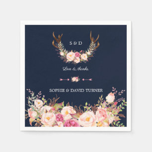 Serviette En Papier Aquarelle rose Blush Floral Antlers Mariage