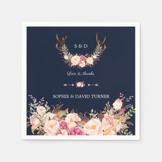 Serviette En Papier Aquarelle rose Blush Floral Antlers Mariage (Devant)
