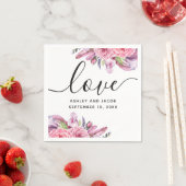 Serviette En Papier Aquarelle rose boho floral et plumes mariage (En situation)