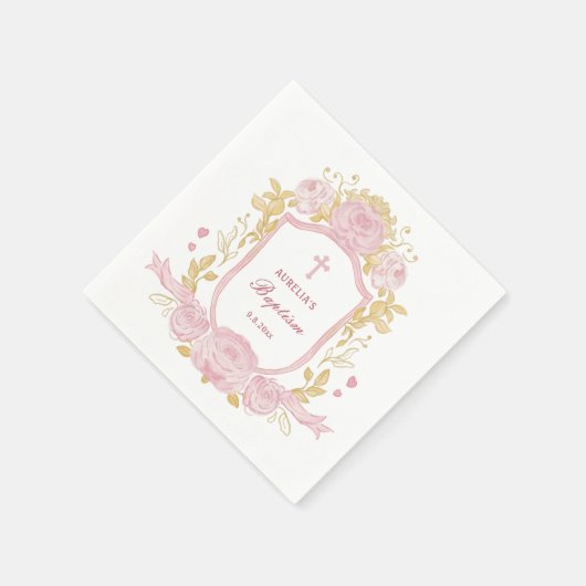 Serviette En Papier Aquarelle Rose Crest Baptême (Coin)