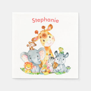Serviette En Papier Aquarelle rose Cute Safari Jungle Animaux