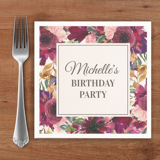 Serviette En Papier Aquarelle rose de Bourgogne Anniversaire florale
