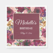 Serviette En Papier Aquarelle rose de Bourgogne Nom d'anniversaire (Devant)