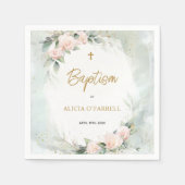 Serviette En Papier Aquarelle rose douce Fleurs Croix d'or Baptême (Devant)