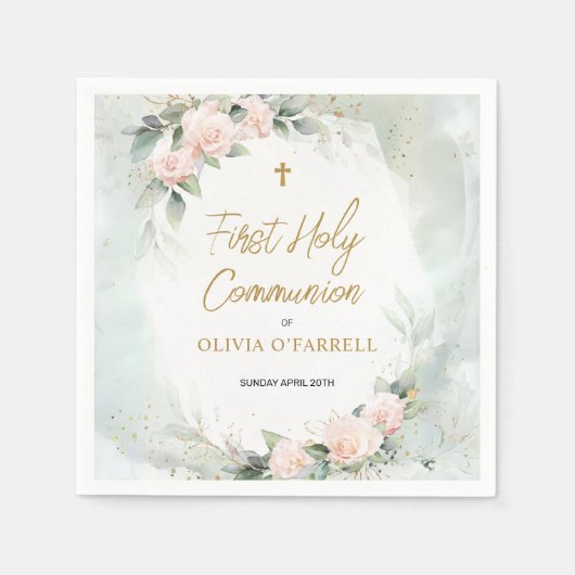 Serviette En Papier Aquarelle rose douce Fleurs Première Communion sai (Devant)