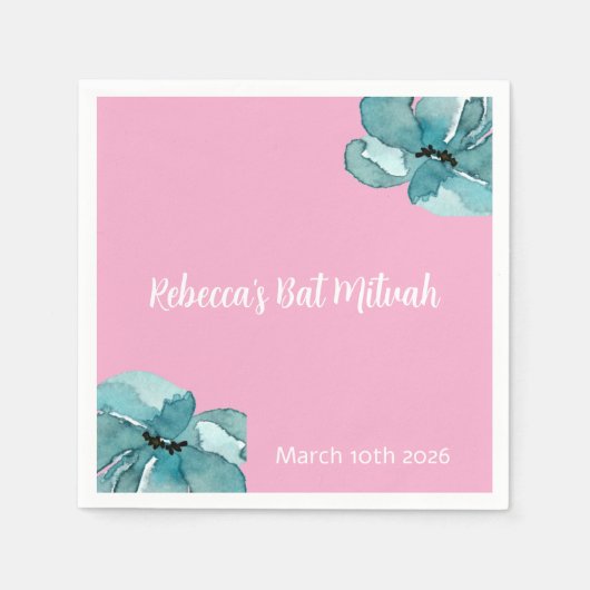 Serviette En Papier Aquarelle rose et blanc Bat mitzvah floral (Devant)