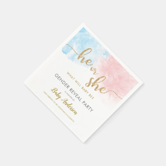 Serviette En Papier Aquarelle rose et bleu Parties scintillant or Révé (Coin)