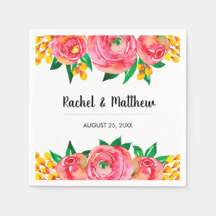 Serviette En Papier Aquarelle rose et jaune Mariage floral
