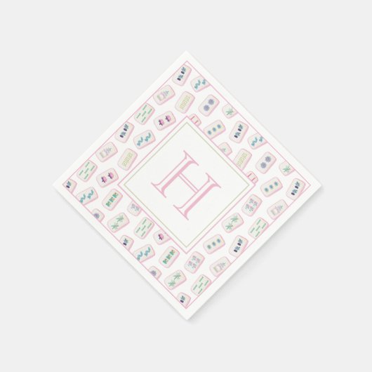 Serviette En Papier Aquarelle rose et vert Mahjong Tiles Monogramme (Coin)