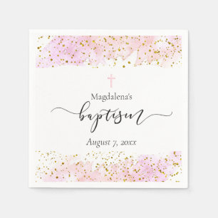 Serviette En Papier aquarelle rose faux détails d'or Baptême