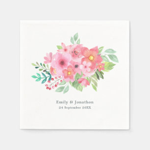 Serviette En Papier Aquarelle rose fleurie Noms Date Mariage
