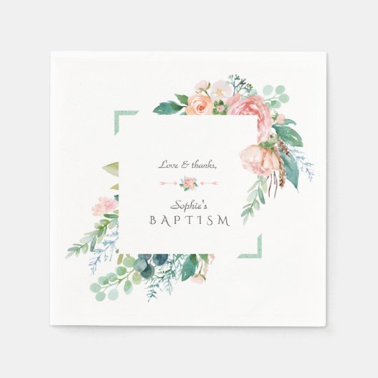 Serviette En Papier Aquarelle rose Fleurs blanches Mariage cadre vert (Devant)