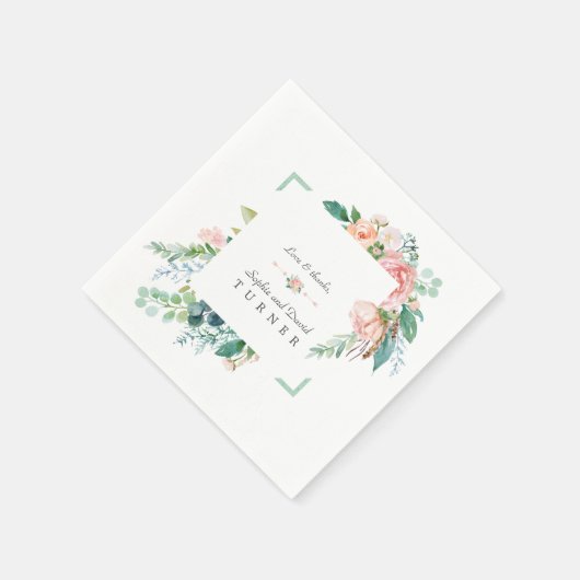 Serviette En Papier Aquarelle rose Fleurs blanches Mariage cadre vert (Coin)