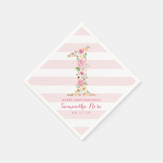Serviette En Papier Aquarelle rose Floral un premier anniversaire (Coin)