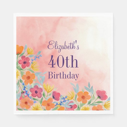 Serviette En Papier Aquarelle rose Florals 40e anniversaire (Devant)