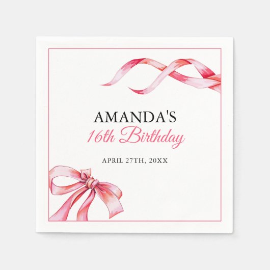 Serviette En Papier Aquarelle rose Flow Ribbon Sweet 16 Anniversaire (Devant)