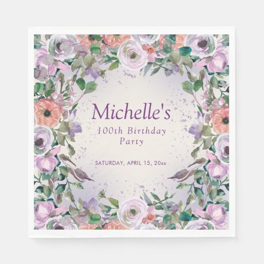 Serviette En Papier Aquarelle rose Lilac pourpre Floral 100e anniversa (Devant)