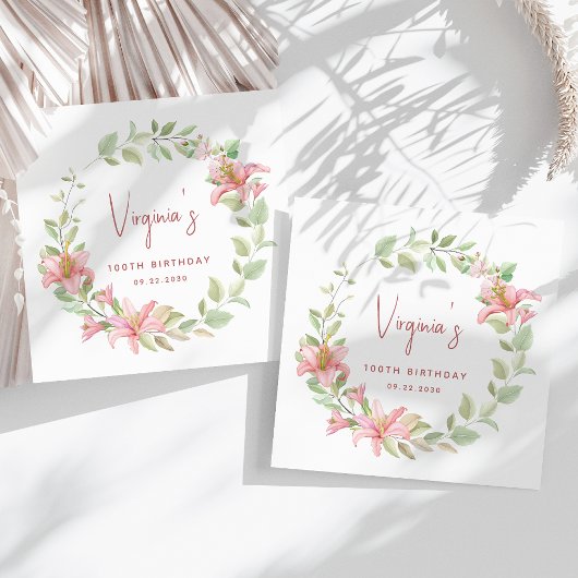 Serviette En Papier Aquarelle rose Lily Floral 100e anniversaire