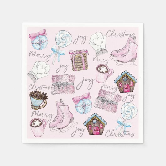 Serviette En Papier Aquarelle rose Noël mignonne (Devant)