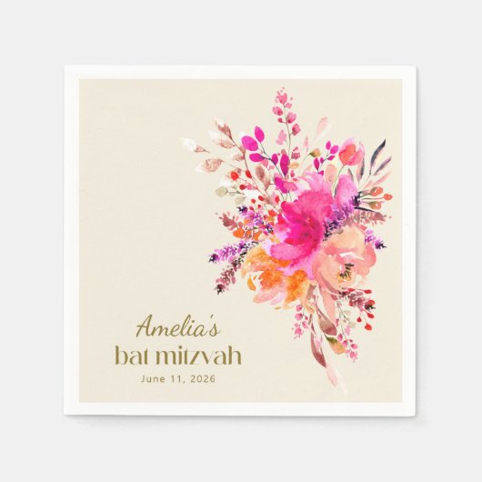 Serviette En Papier Aquarelle rose or Floral Élégant Bat mitzvah (Devant)