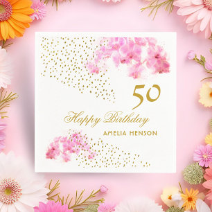 Serviette En Papier Aquarelle rose orchidée Parties scintillant or 50e