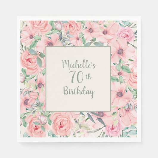 Serviette En Papier Aquarelle rose pâle 70e anniversaire (Devant)