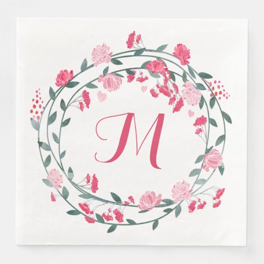 Serviette En Papier Aquarelle rose Peony Monogramme Wreath (Devant)