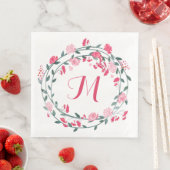 Serviette En Papier Aquarelle rose Peony Monogramme Wreath (En situation)