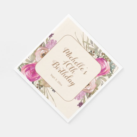 Serviette En Papier Aquarelle rose pourpre douce 40e anniversaire (Coin)