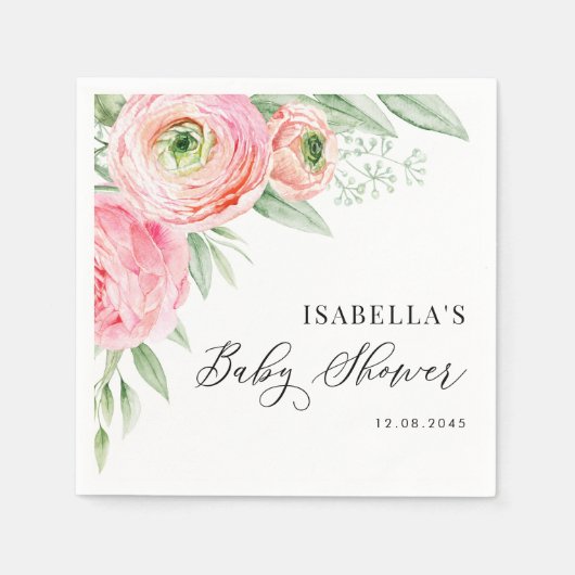 Serviette En Papier Aquarelle rose Ranunculus Baby shower Fleurs (Devant)