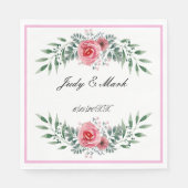 Serviette En Papier Aquarelle Rose Rose Vert Feuillage (Devant)