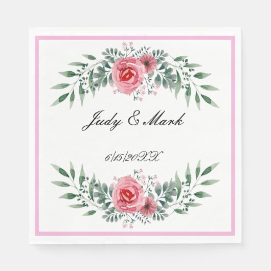 Serviette En Papier Aquarelle Rose Rose Vert Feuillage (Devant)