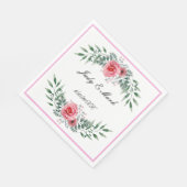 Serviette En Papier Aquarelle Rose Rose Vert Feuillage (Coin)