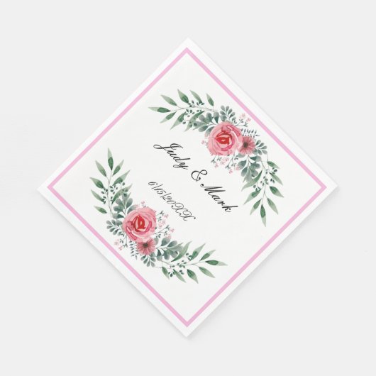 Serviette En Papier Aquarelle Rose Rose Vert Feuillage (Coin)