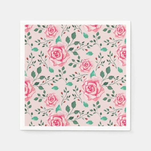 Serviette En Papier Aquarelle rose Roses & verdure | Rose pâle (Devant)