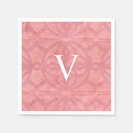 Serviette En Papier Aquarelle rose rouge monogrammée (Devant)