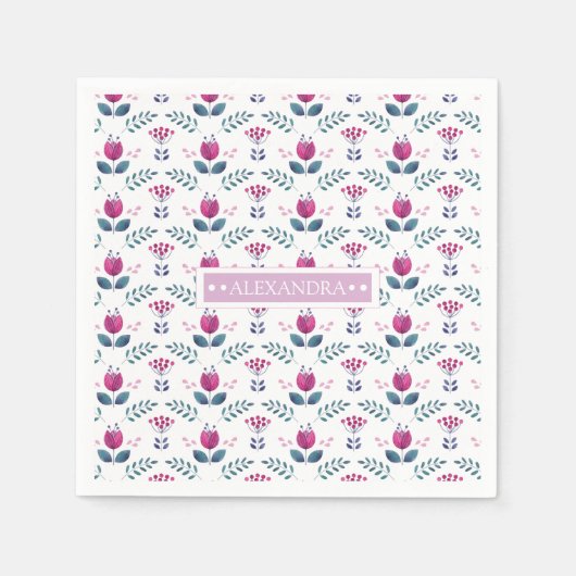 Serviette En Papier Aquarelle rose Tulipe chic monogramme (Devant)