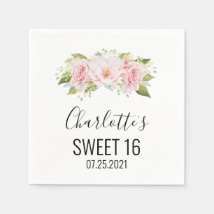 Serviette En Papier Aquarelle rose vif Floral Sweet 16 Anniversaire