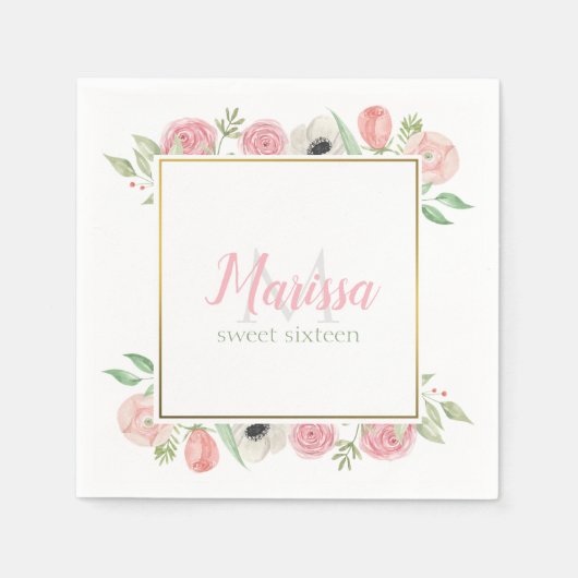 Serviette En Papier Aquarelle rose vif Floral Sweet 16 Anniversaire (Devant)
