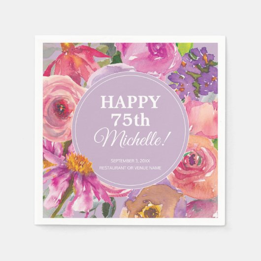 Serviette En Papier Aquarelle rose violet Floral 75e anniversaire (Devant)