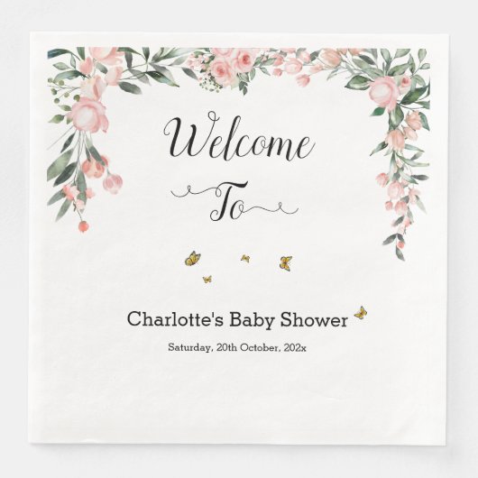 Serviette En Papier Aquarelle Roses roses avec Baby shower de papillon (Devant)
