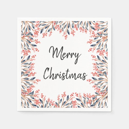 Serviette En Papier Aquarelle Rouge Fête d'hiver Berries Feuilles (Devant)