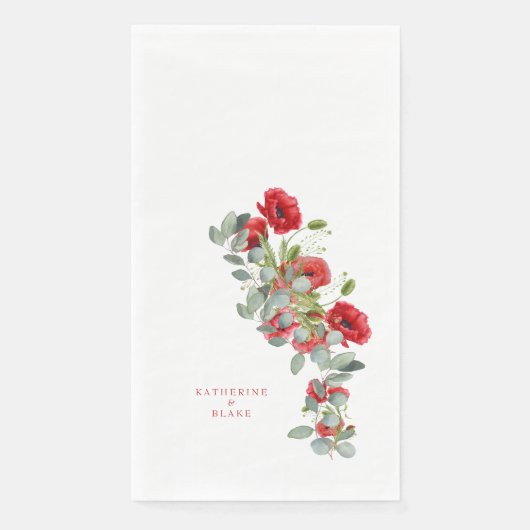 Serviette En Papier Aquarelle Rouge Floral & Eucalyptus Noms Mariage (Devant)