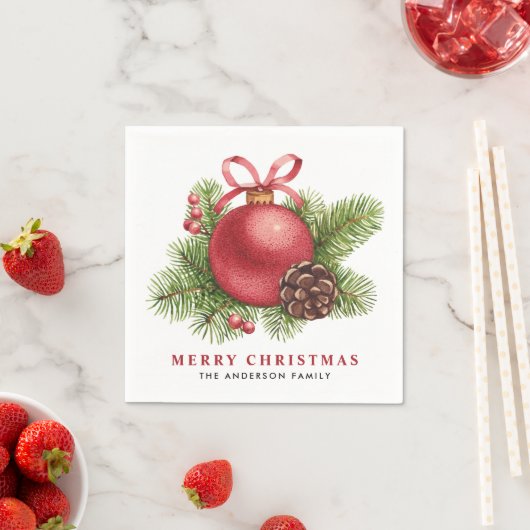 Serviette En Papier Aquarelle Rouge Noël Ball Ornement Fête (En situation)