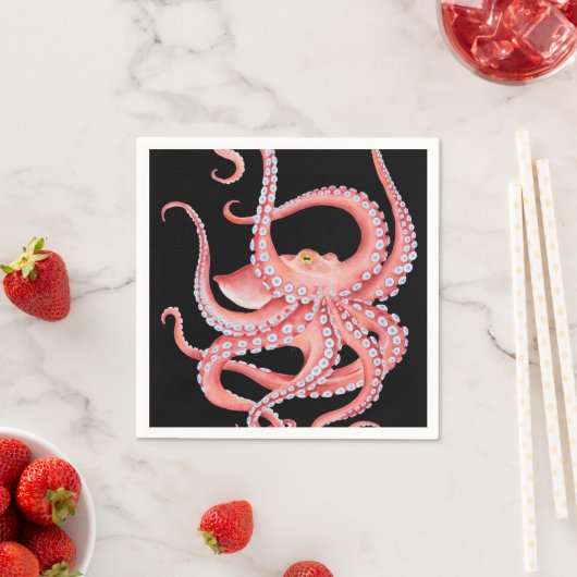 Serviette En Papier Aquarelle rouge octopique en noir (En situation)