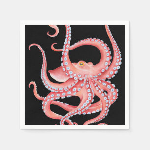 Serviette En Papier Aquarelle rouge octopique en noir