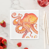Serviette En Papier Aquarelle rouge orange octopique (En situation)