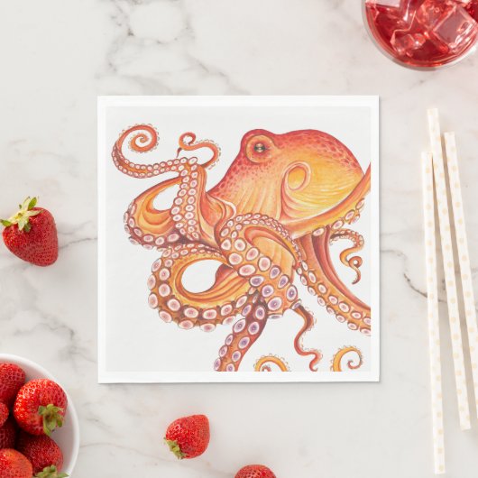 Serviette En Papier Aquarelle rouge orange octopique (En situation)