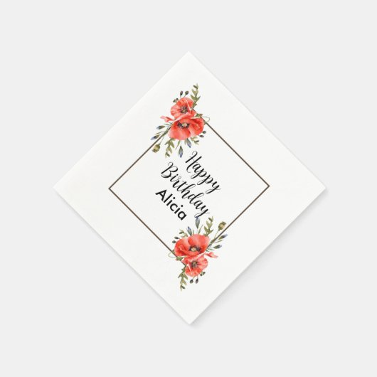 Serviette En Papier Aquarelle Rouge Pavot vert 50e anniversaire (Coin)